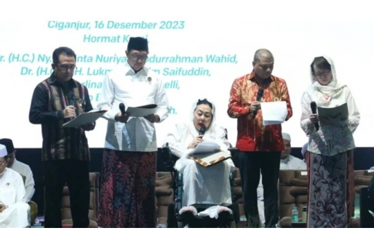 Pembacaan 'Amanat Ciganjur' saat Haul ke-14 Gus Dur di Ciganjur Jakarta Selatan, Sabtu, 16 Desember 2023. (Foto: Istimewa)